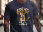 Navy t-shirt with a "Rescued Corgi Club" design featuring a smiling corgi.