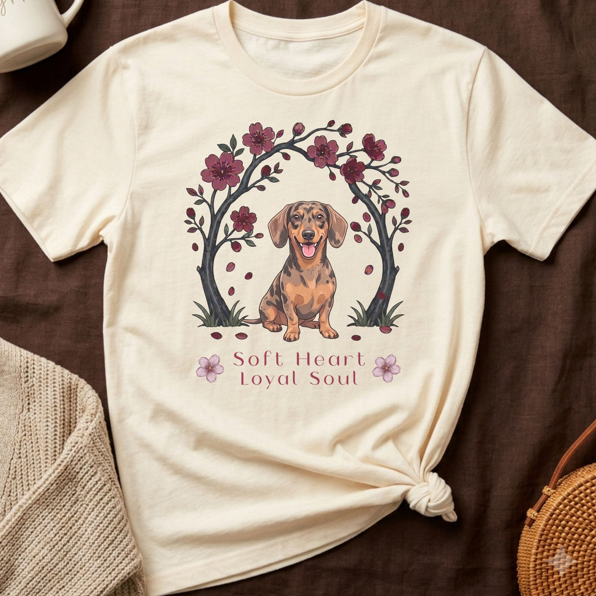 Dachshund illustration with floral arch and text "Soft Heart Loyal Soul".