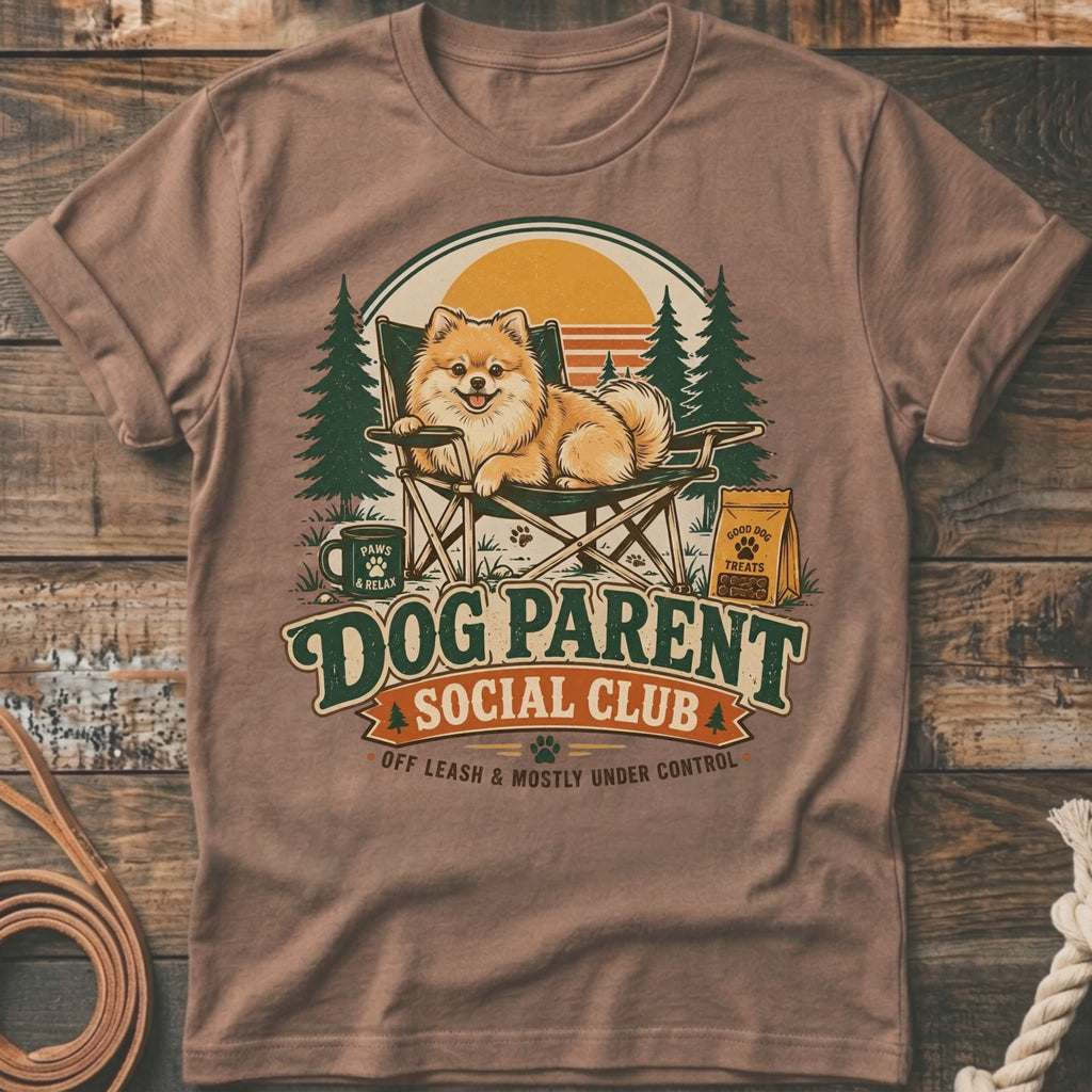 T-shirt graphic with a Pomeranian relaxing in a camping chair with "Dog Parent Social Club" text.
