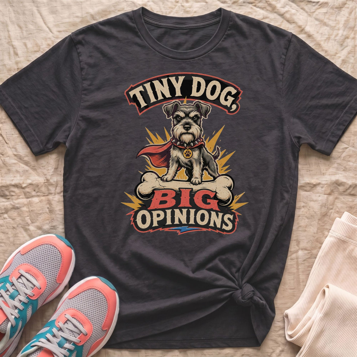 Dark grey t-shirt with "Tiny Dog, Big Opinions" text and a cartoon schnauzer graphic.