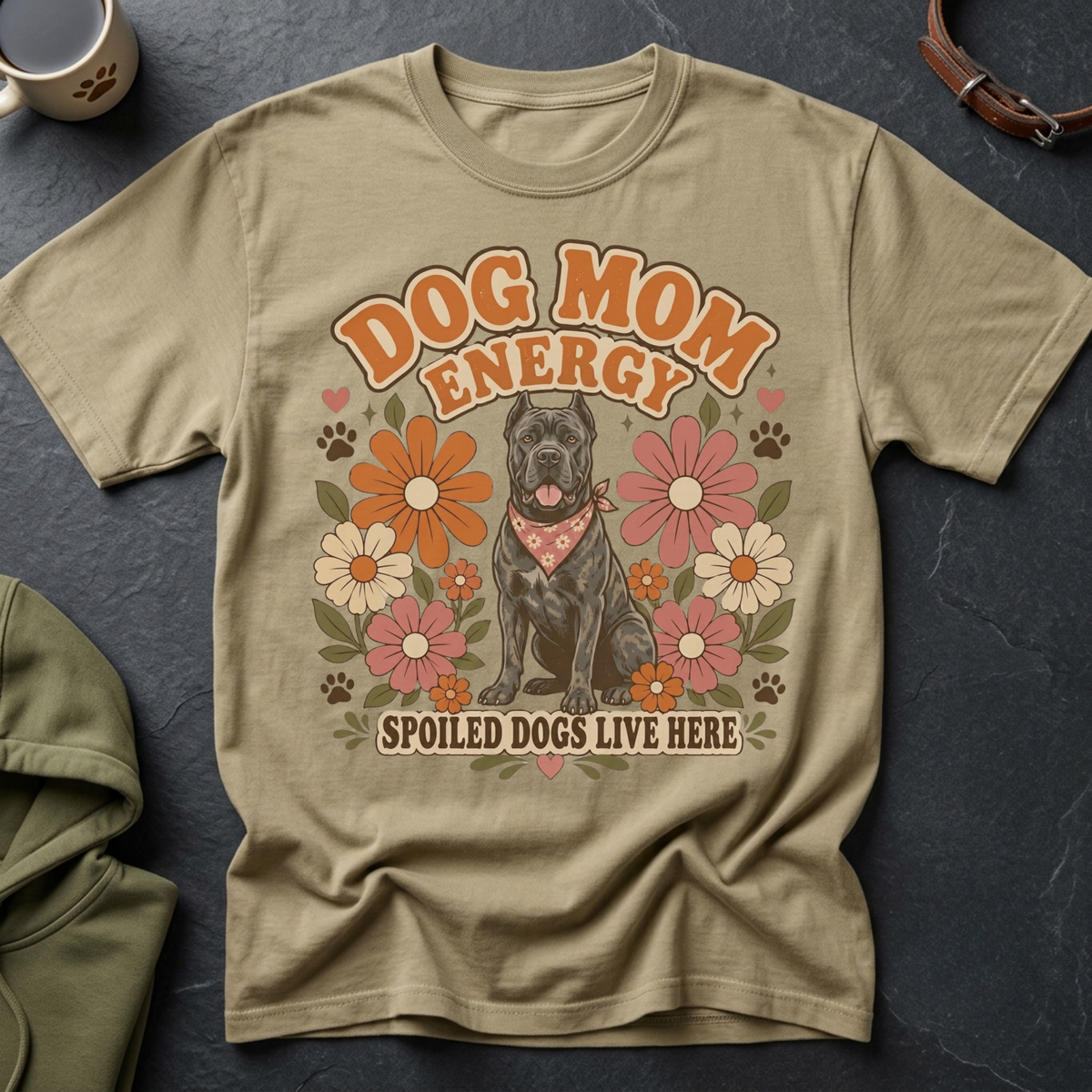 Dog Mom Energy graphic t-shirt with a Cane Corso dog, flowers, and text.