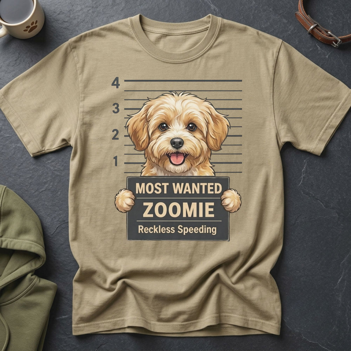 Tan t-shirt with a cartoon dog mugshot, text "Most Wanted Zoomie".