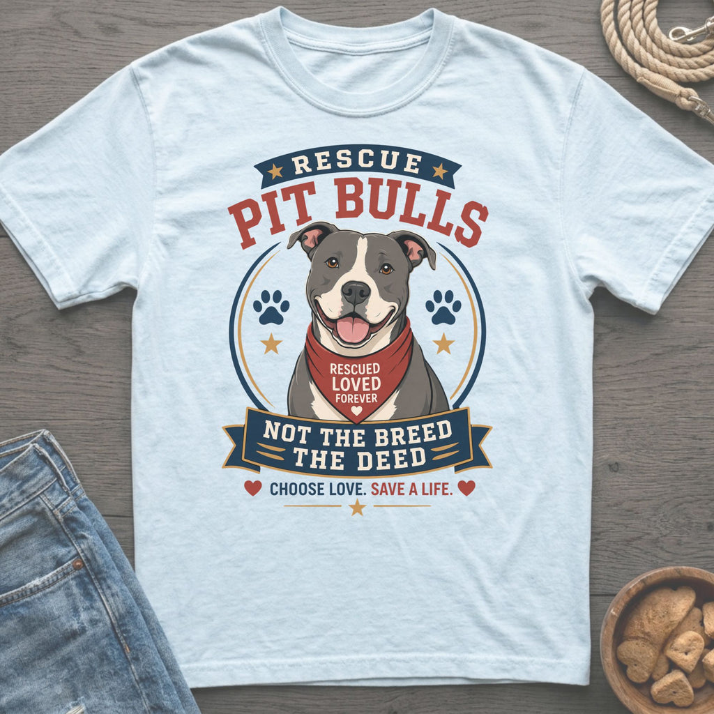 Pit bull graphic with text "Rescue Pit Bulls", "Rescued Loved Forever", "Not the Breed, The Deed", "Choose Love, Save a Life".