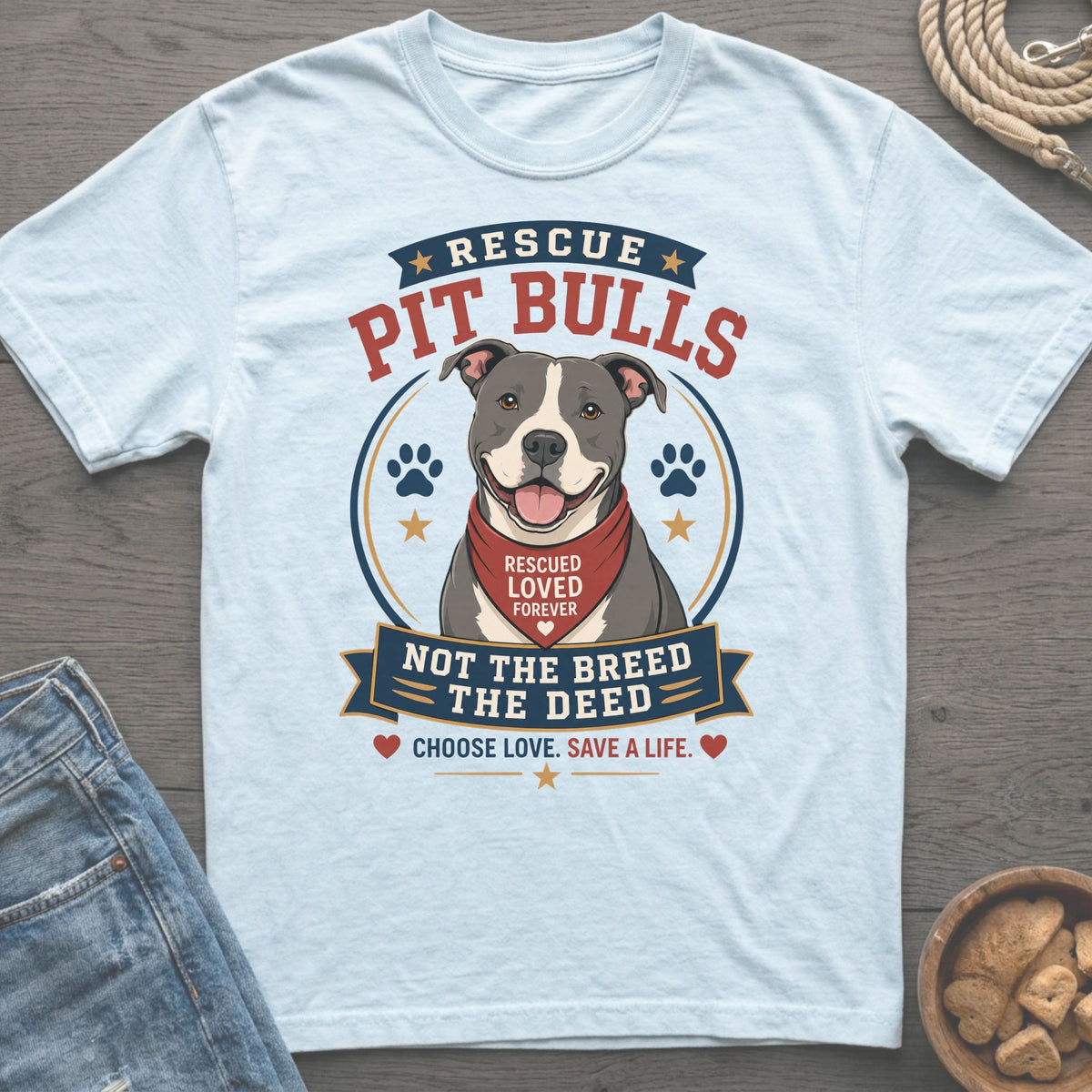Pit bull graphic with text "Rescue Pit Bulls", "Rescued Loved Forever", "Not the Breed, The Deed", "Choose Love, Save a Life".