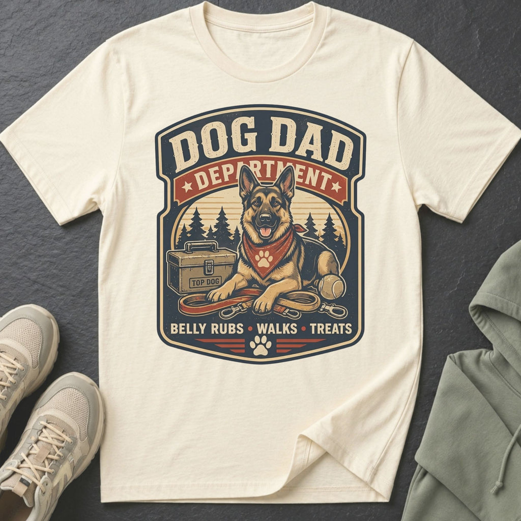 Cream t-shirt with German Shepherd graphic, "Dog Dad Department" and "Belly Rubs Walks Treats".
