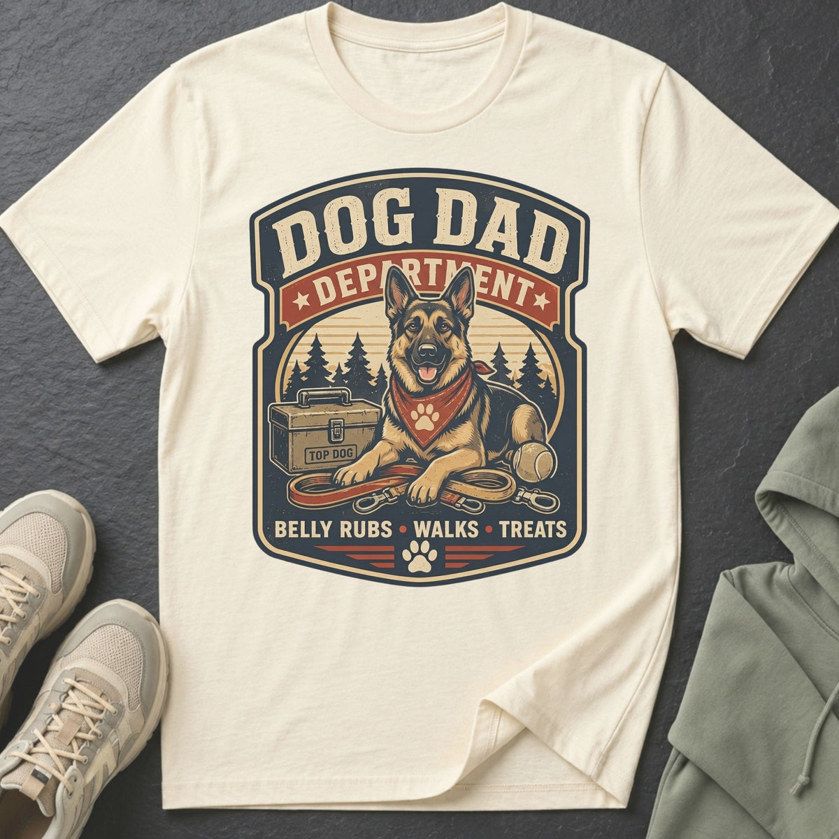 Cream t-shirt with German Shepherd graphic, "Dog Dad Department" and "Belly Rubs Walks Treats".