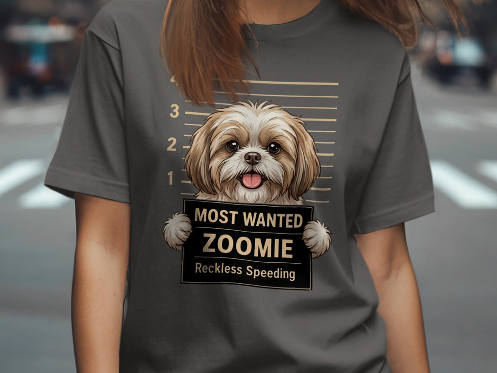 Shih Tzu dog mugshot graphic with text "MOST WANTED ZOOMIE Reckless Speeding".