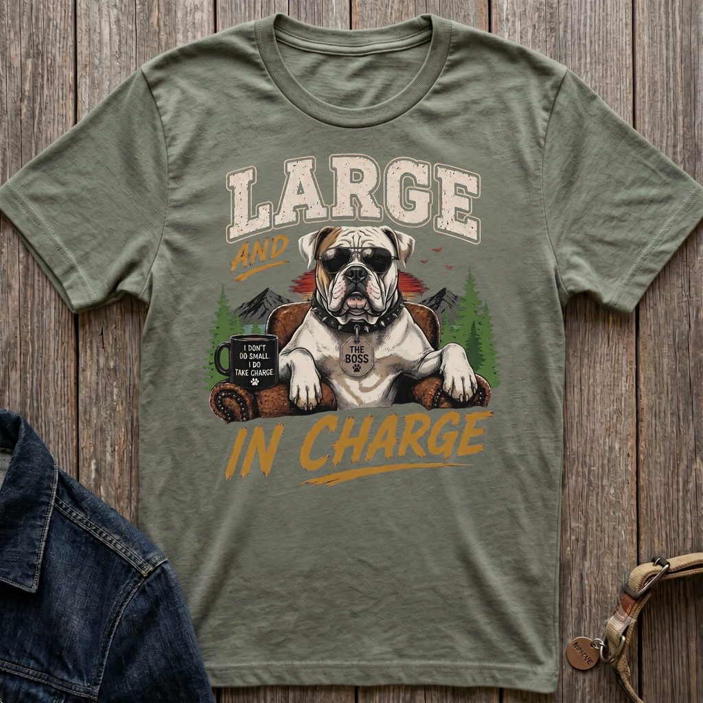 Bulldog in sunglasses, text "LARGE AND IN CHARGE" and "THE BOSS".