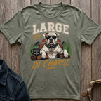 Bulldog in sunglasses, text "LARGE AND IN CHARGE" and "THE BOSS".