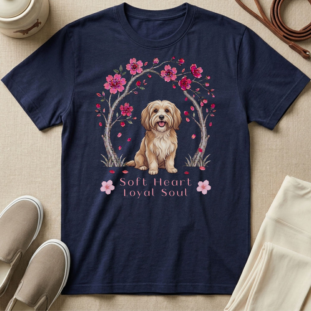 Navy t-shirt with a dog design and text "Soft Heart Loyal Soul".