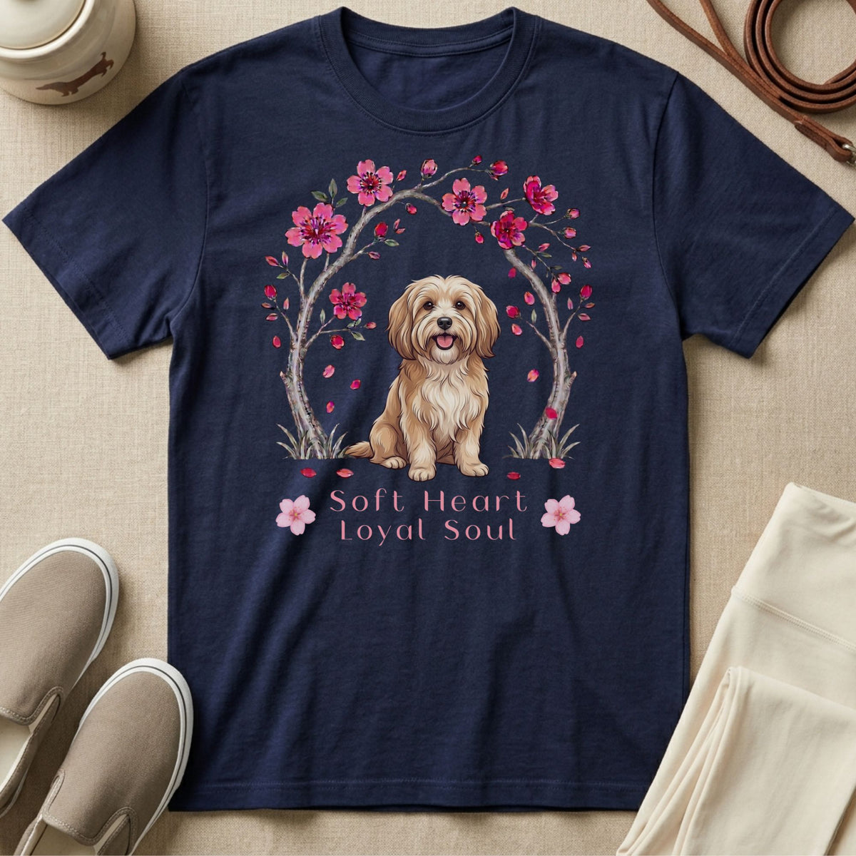 Navy t-shirt with a dog design and text "Soft Heart Loyal Soul".