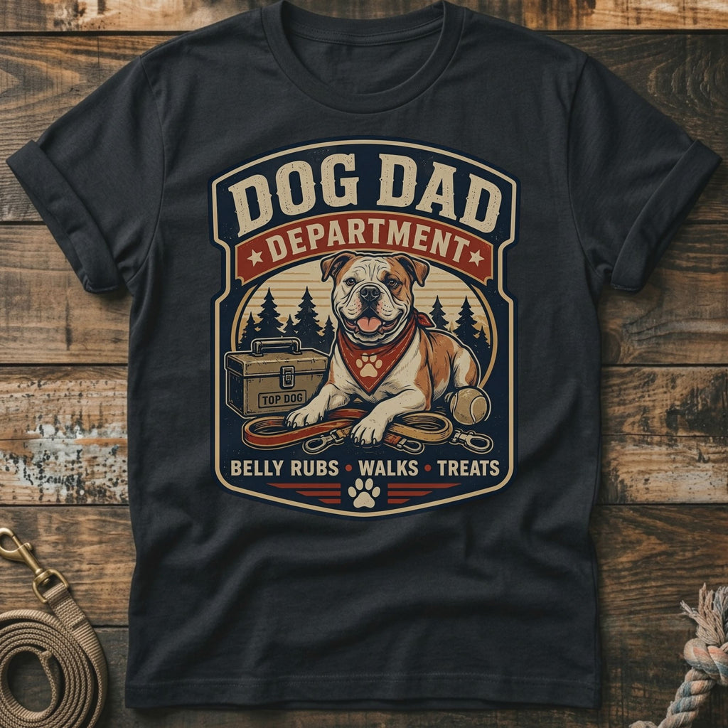 Dog Dad Department graphic on a dark t-shirt with a bulldog, leash, and treats.