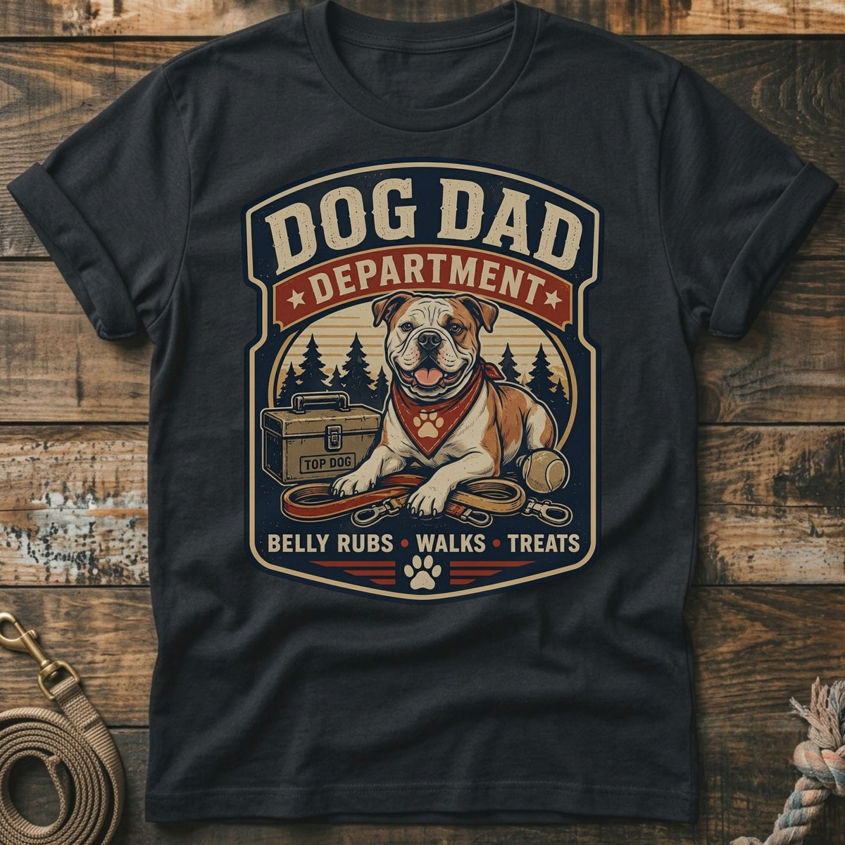 Dog Dad Department graphic on a dark t-shirt with a bulldog, leash, and treats.