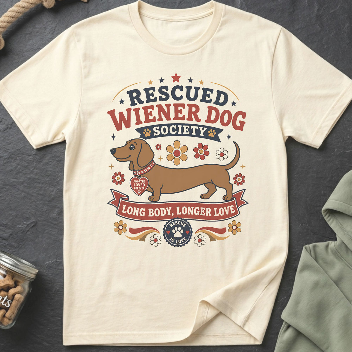 Cream t-shirt with rescued wiener dog society graphic and text.