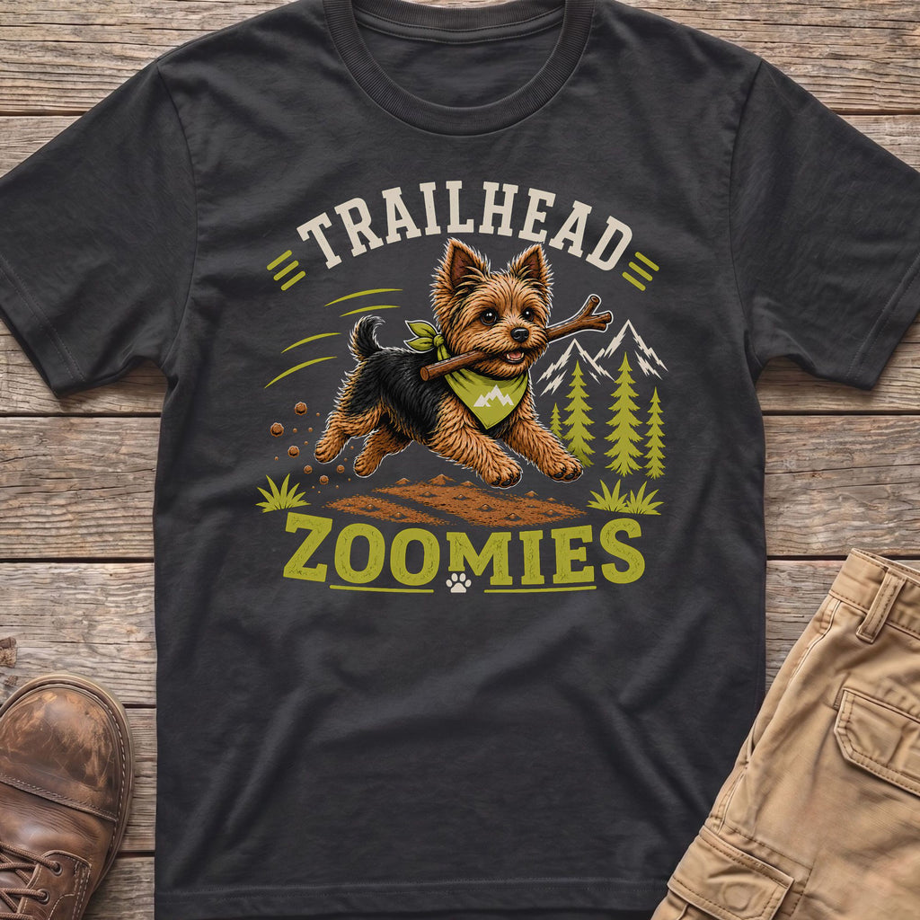 T-shirt with a cartoon dog running with a stick, "Trailhead Zoomies" text.
