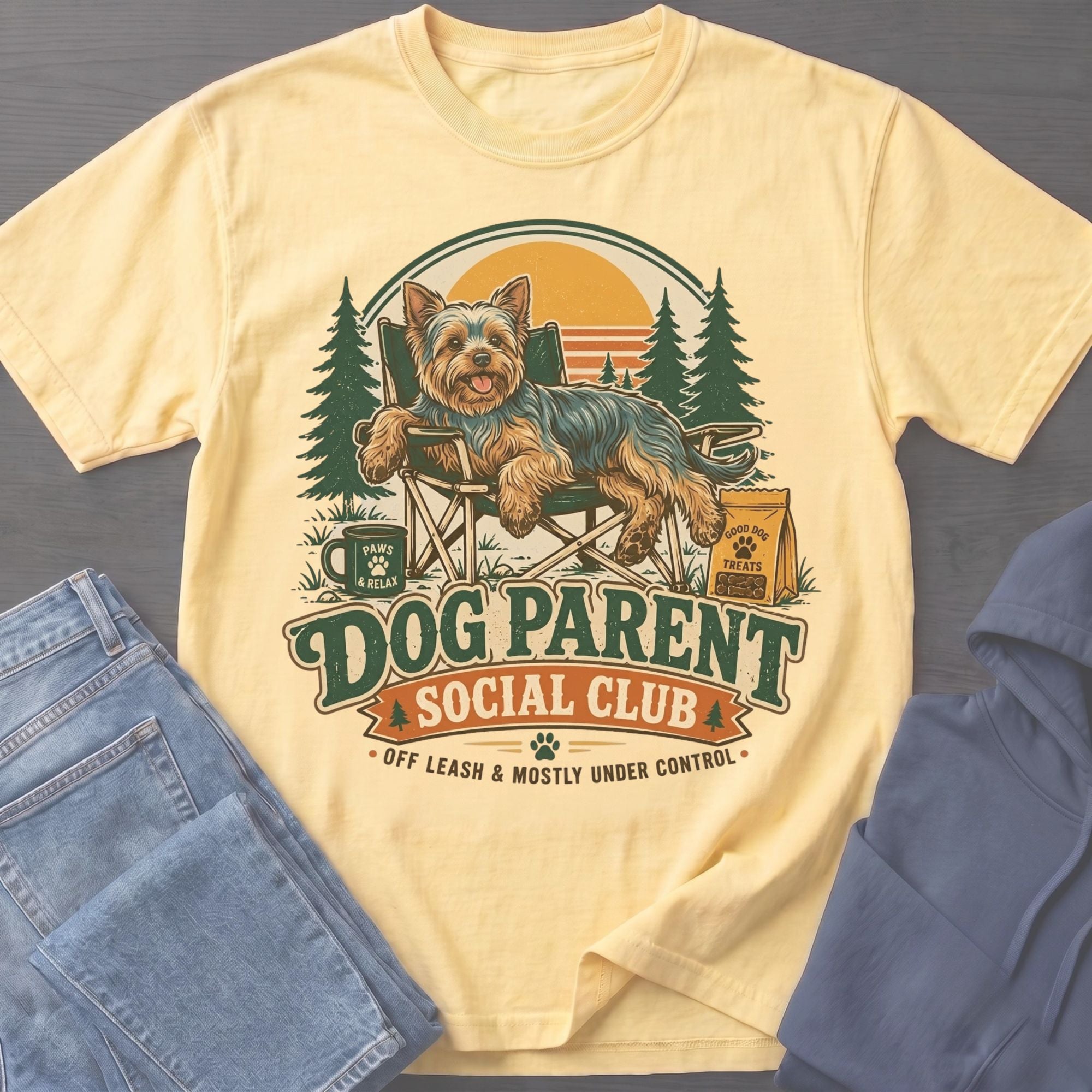 Yellow t-shirt with a dog in a camping chair and text "Dog Parent Social Club".