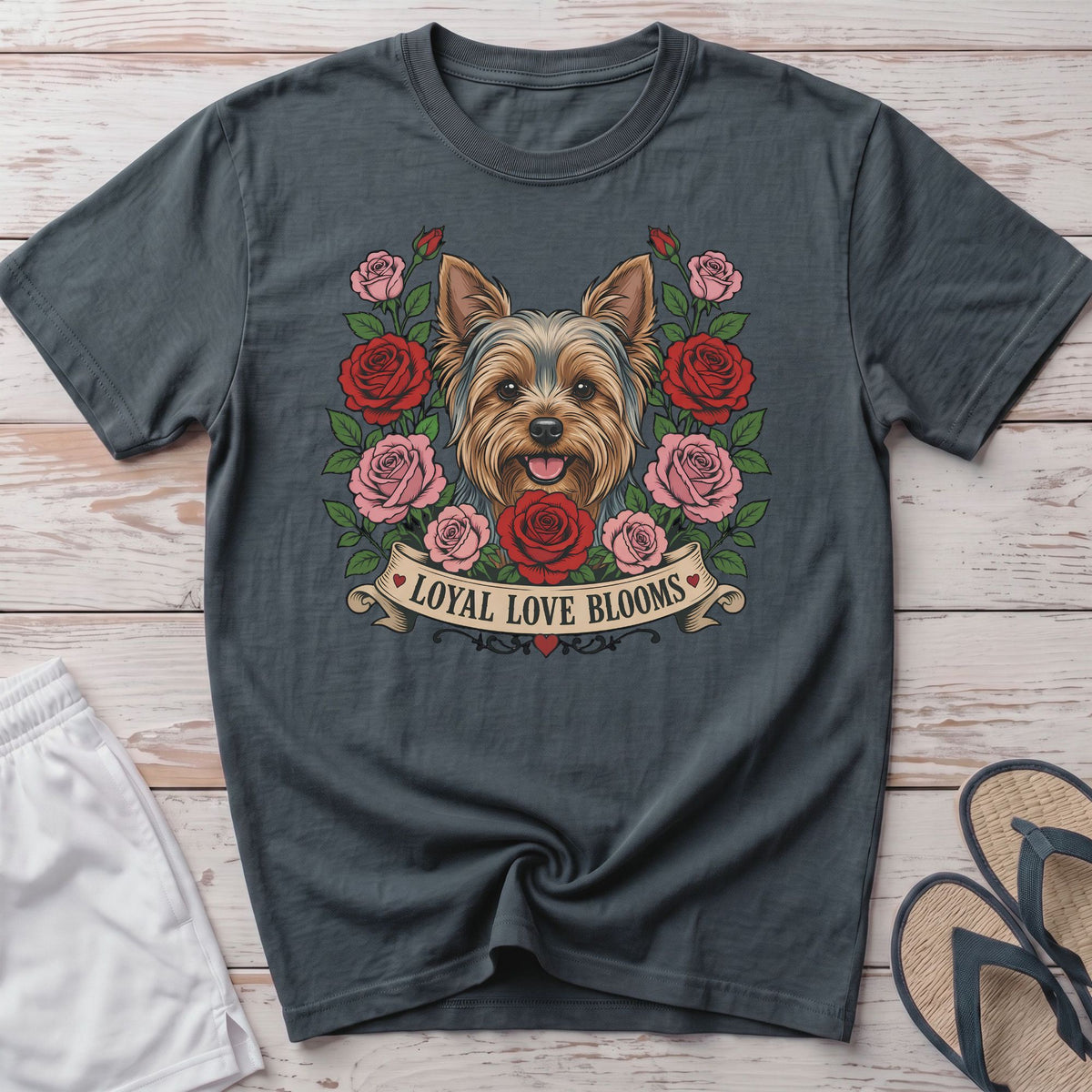 Yorkshire terrier with roses and banner reading "LOYAL LOVE BLOOMS".