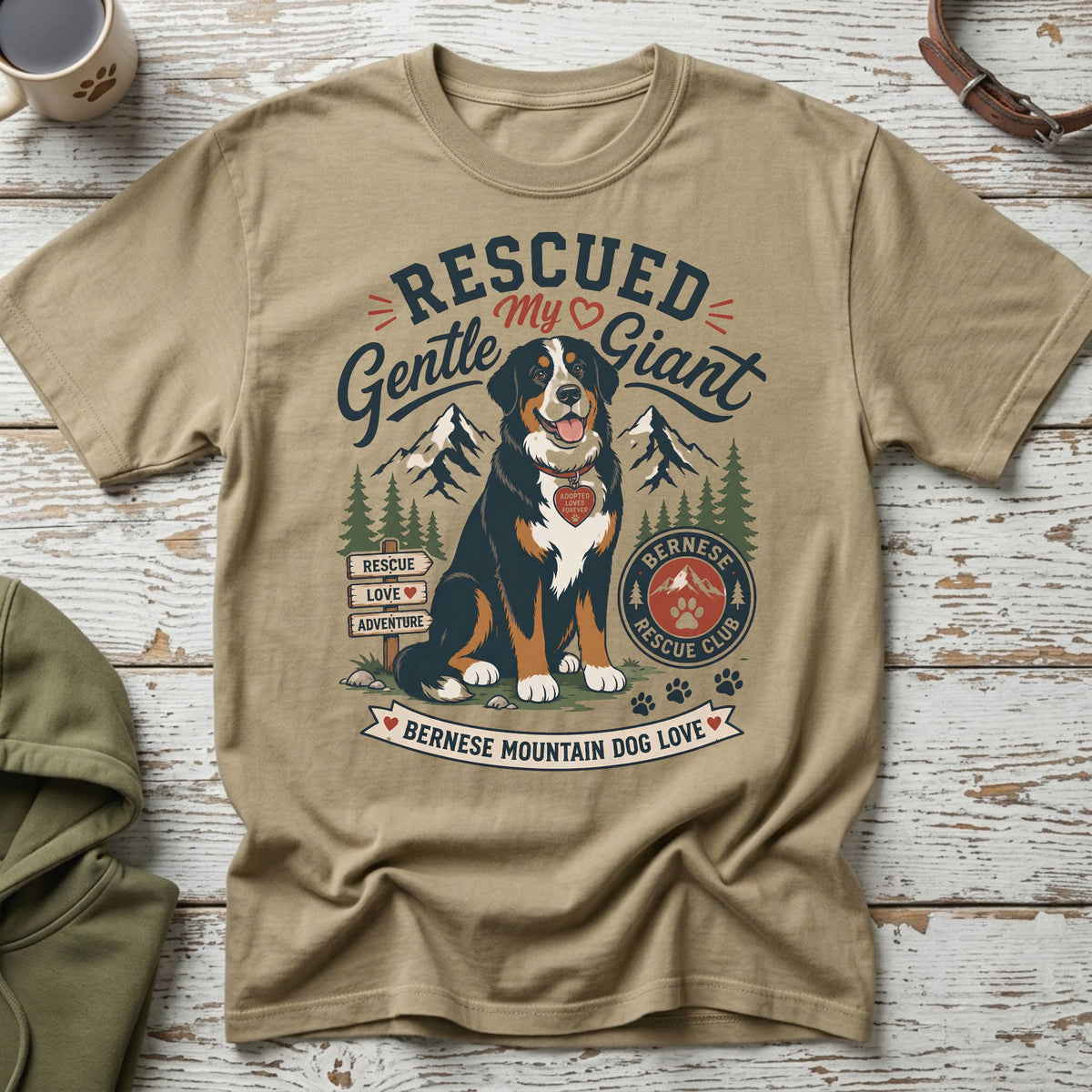 Bernese Mountain Dog wearing a heart tag with "Rescued My Gentle Giant" text.