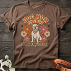 Brown t-shirt with "Dog Mom Energy" and bulldog graphic with flowers.