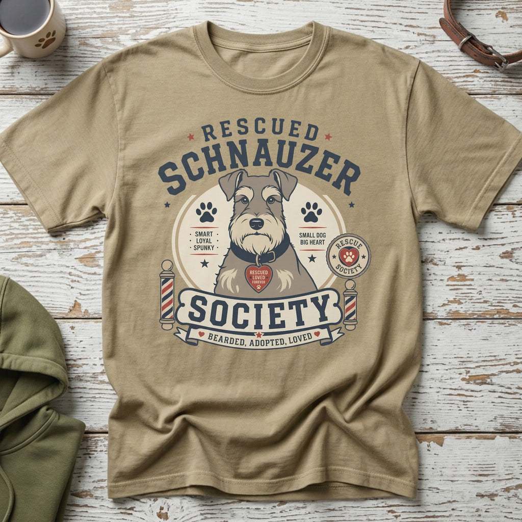 Beige t-shirt with "Rescued Schnauzer Society" text and dog graphic.