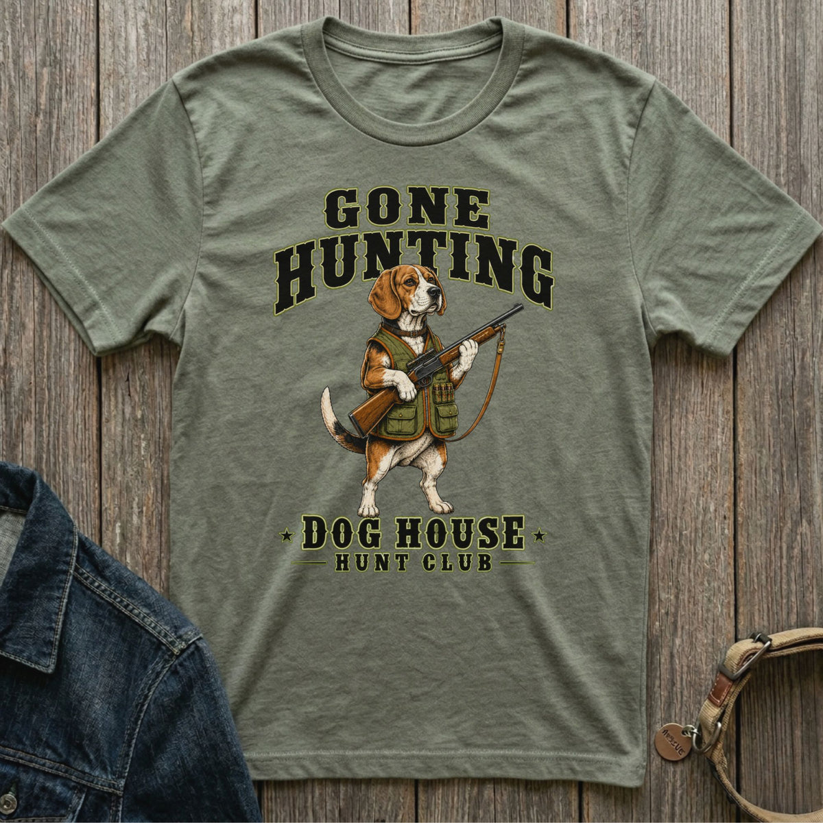 T-shirt with a beagle dressed as a hunter holding a rifle.