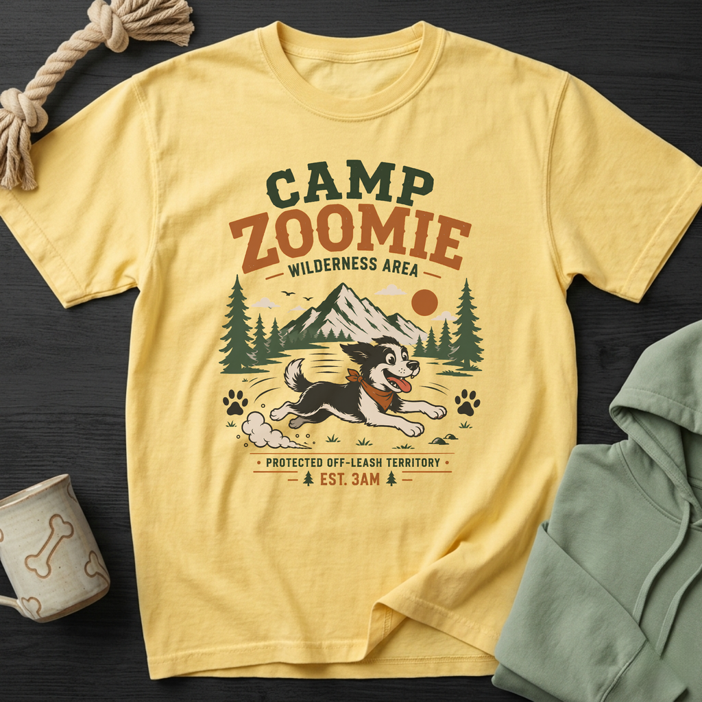 Yellow t-shirt with "Camp Zoomie Wilderness Area" graphic and running dog.