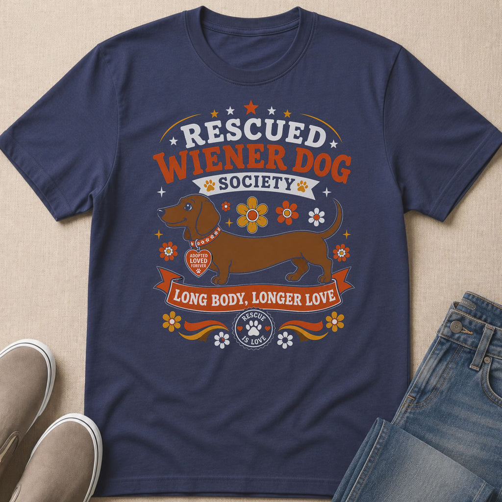 Navy t-shirt with "Rescued Wiener Dog Society" text, a dachshund, and flowers.