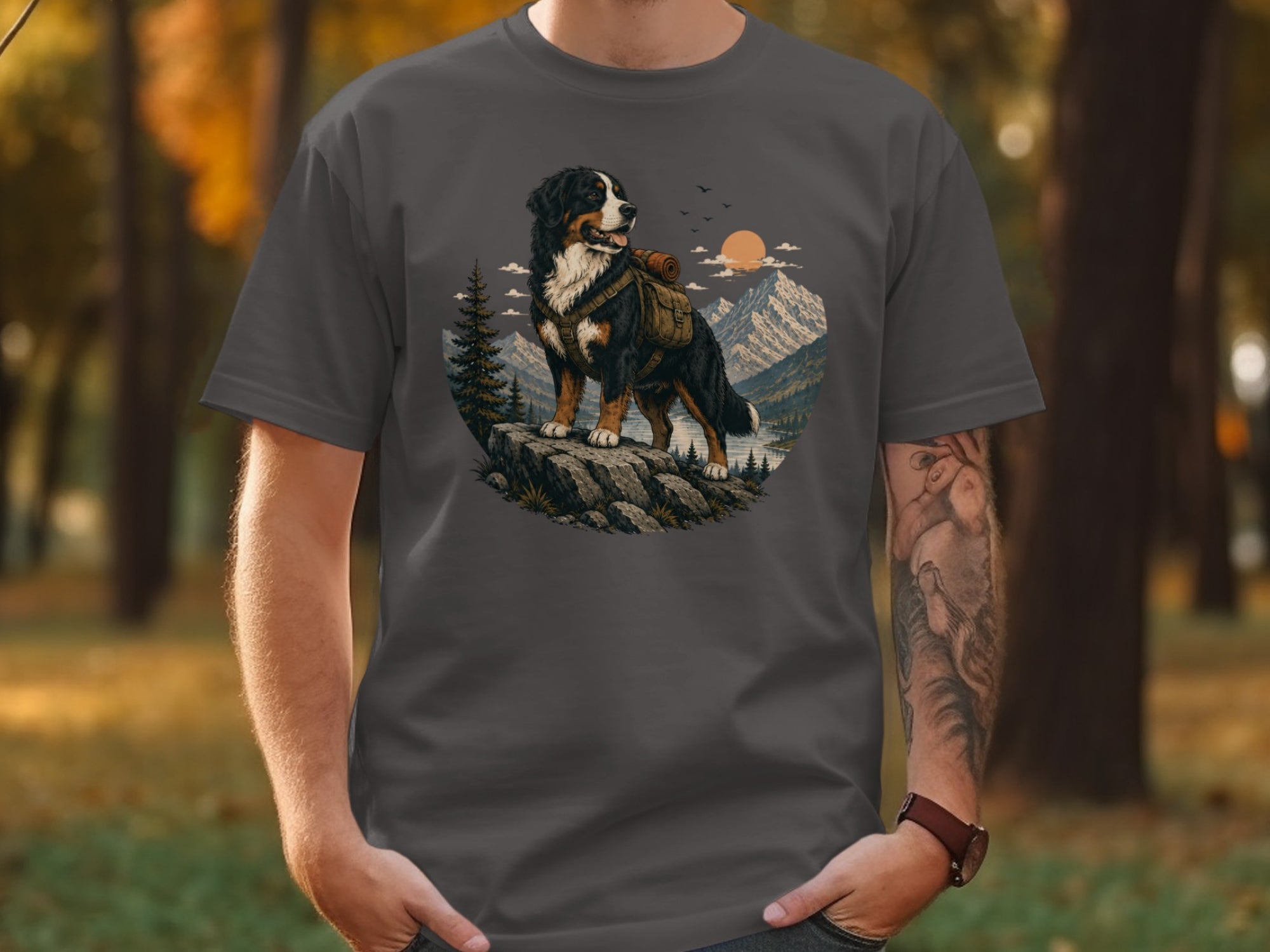 Bernese mountain dog wearing a backpack on a rocky outcrop with mountains and sun.