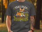 T-shirt graphic with "Trailhead Zoomies" text and a corgi running with a stick.