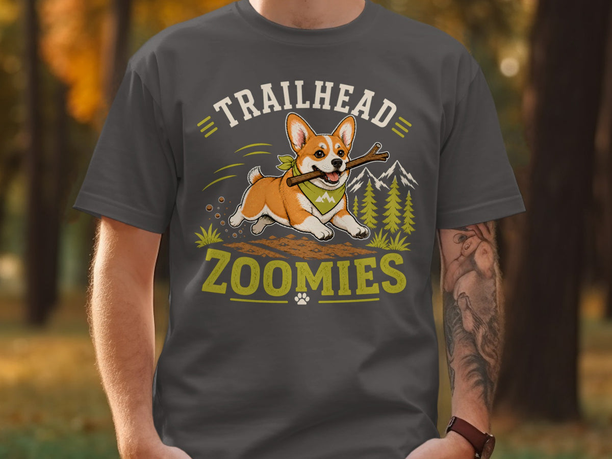 T-shirt graphic with "Trailhead Zoomies" text and a corgi running with a stick.