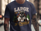 Bulldog wearing sunglasses and a "The Boss" tag sits in a chair. Text reads "LARGE AND IN CHARGE."