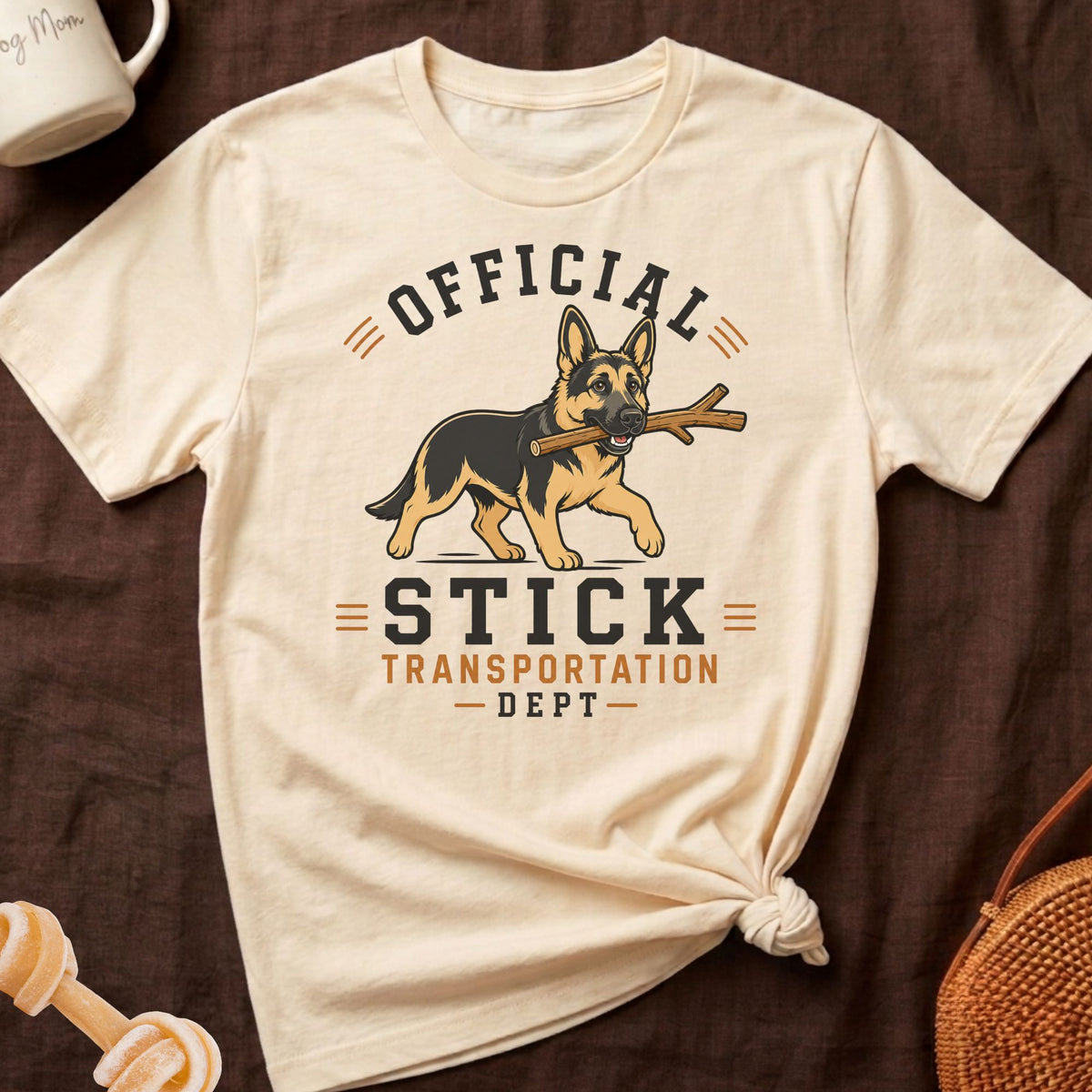 German Shepherd with stick reads "Official Stick Transportation Dept."