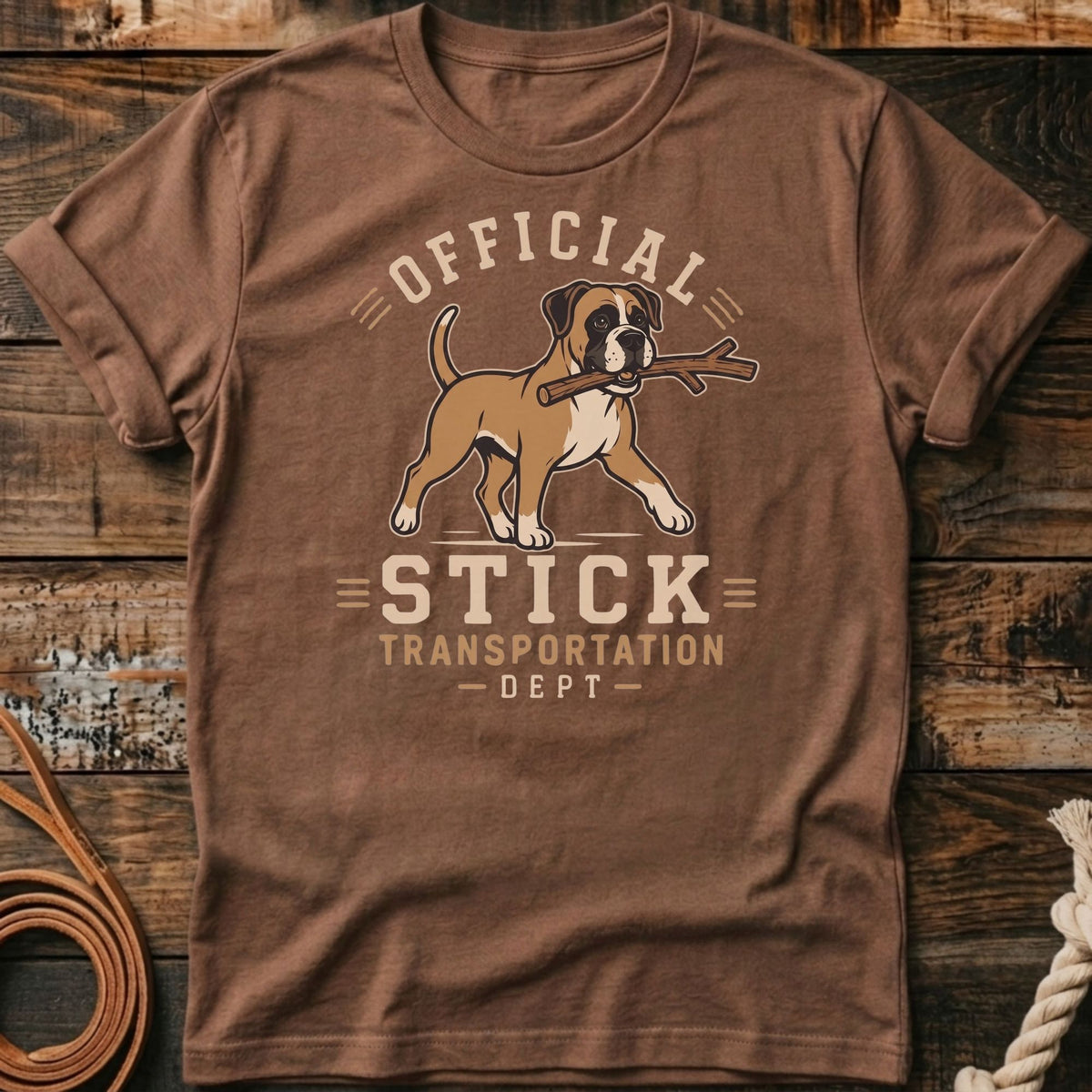 Brown t-shirt with a graphic of a boxer dog carrying a stick, text reads "OFFICIAL STICK TRANSPORTATION - DEPT -".