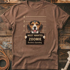 Beagle dog mugshot with "Most Wanted Zoomie" and "Reckless Speeding" text.