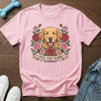 Pink t-shirt with Golden Retriever dog surrounded by roses and "Loyal Love Blooms" text.