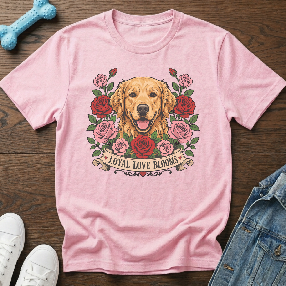 Pink t-shirt with Golden Retriever dog surrounded by roses and "Loyal Love Blooms" text.