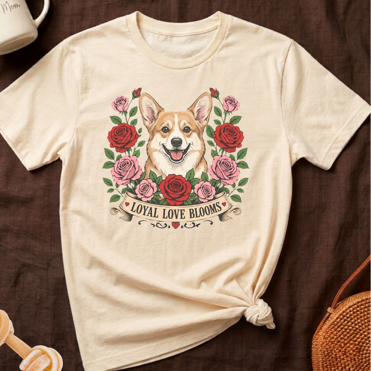 Cream t-shirt with Corgi and roses graphic, text "LOYAL LOVE BLOOMS".