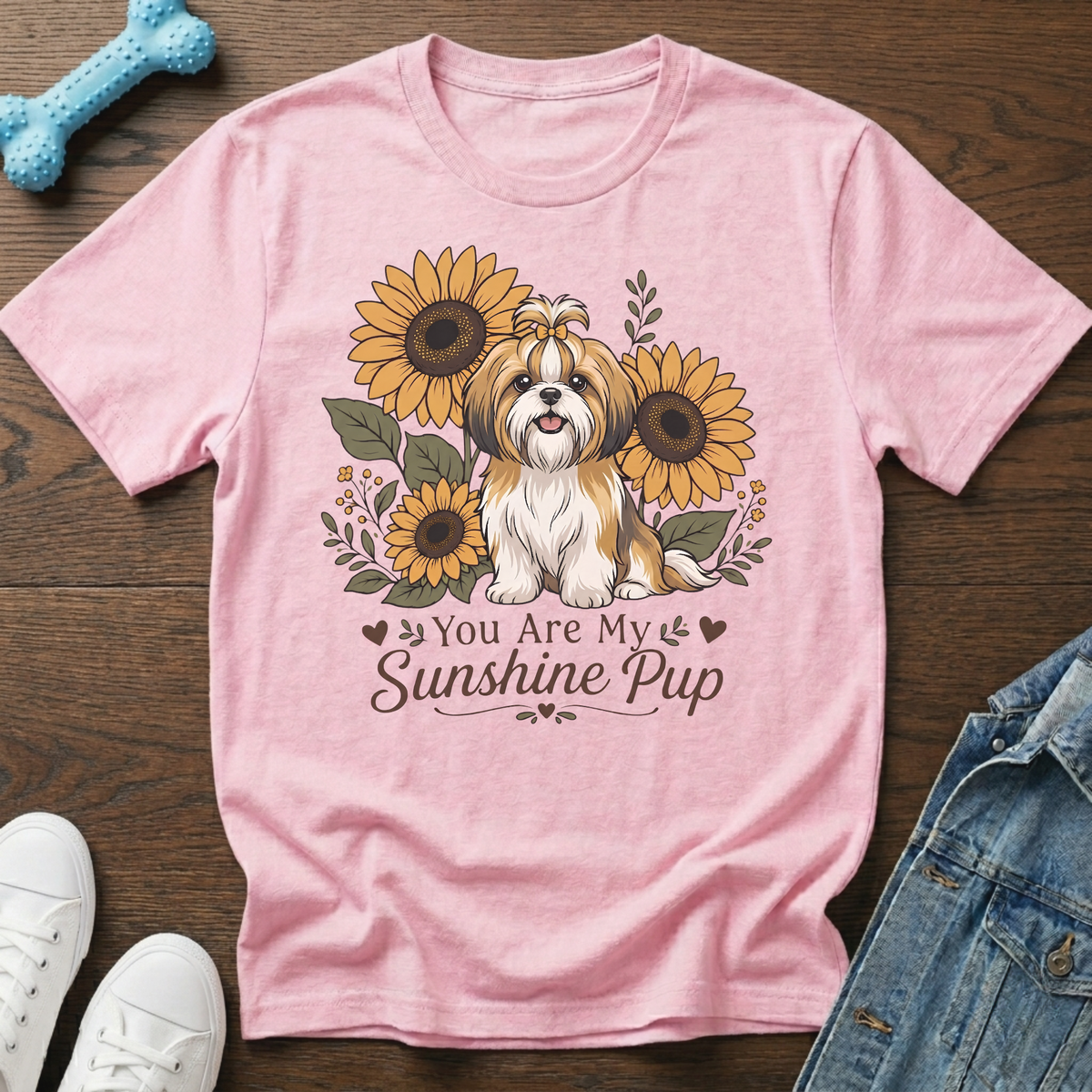 Pink t-shirt with a Shih Tzu and sunflowers, text reads "You Are My Sunshine Pup".