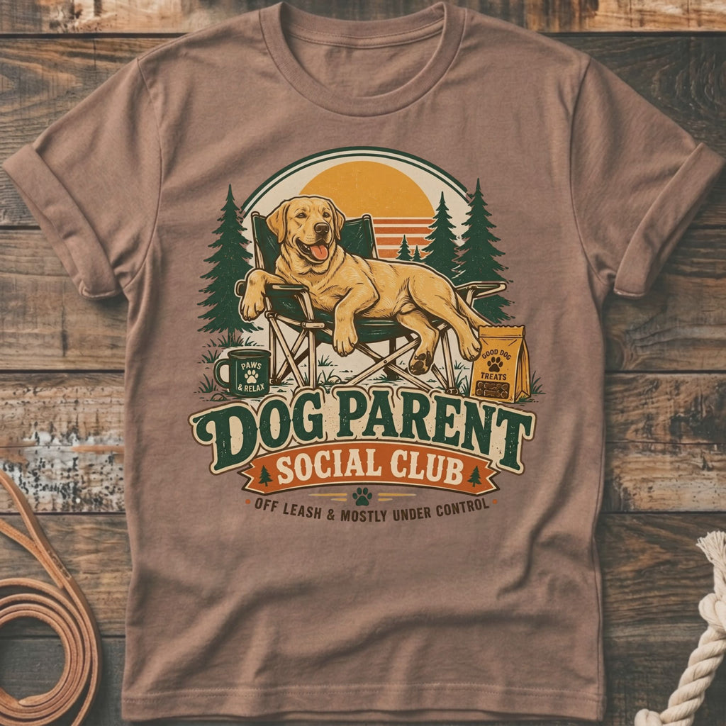 Golden retriever relaxing in camping chair with "Dog Parent Social Club" text.