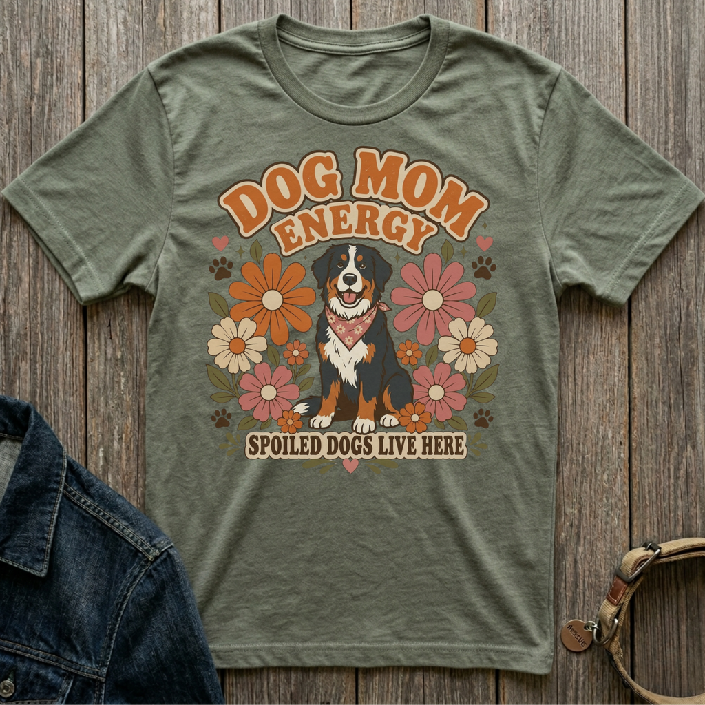 Green t-shirt with "Dog Mom Energy" and a dog surrounded by retro flowers.