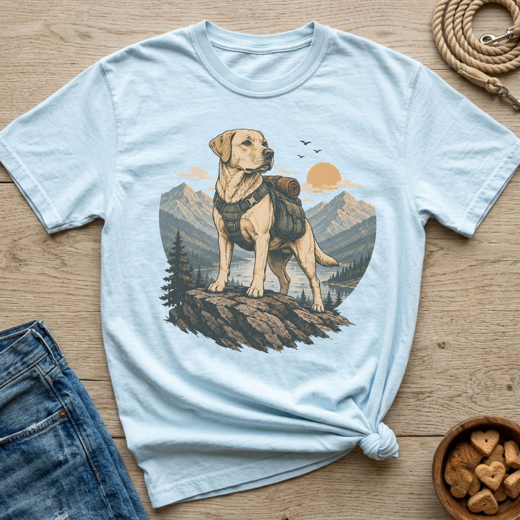 Light blue t-shirt with a graphic of a golden retriever in a backpack on a rocky outcrop.