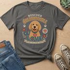 Rescued Goldendoodle graphic with text "Love," "Rescue is Love," and "Curly coat, second chance."