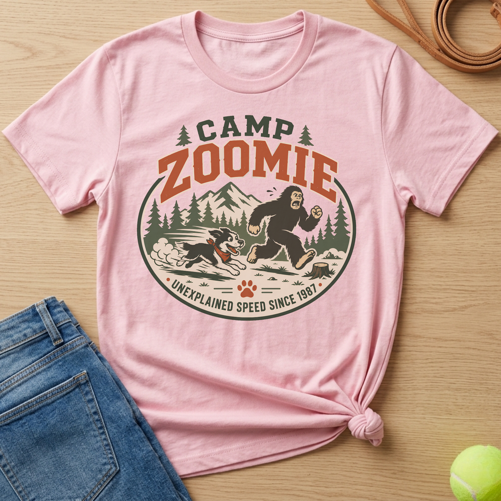 Pink t-shirt graphic with Bigfoot and dog running, text "Camp Zoomie".