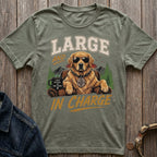 T-shirt with a golden retriever wearing sunglasses and a collar, holding a mug. Text reads "LARGE AND IN CHARGE".
