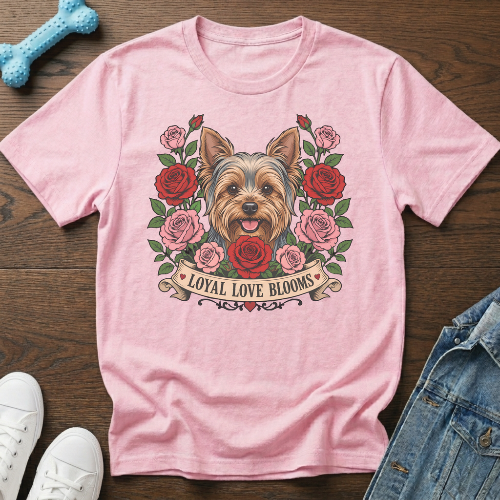 Pink t-shirt with Yorkshire terrier surrounded by roses and text "Loyal Love Blooms".
