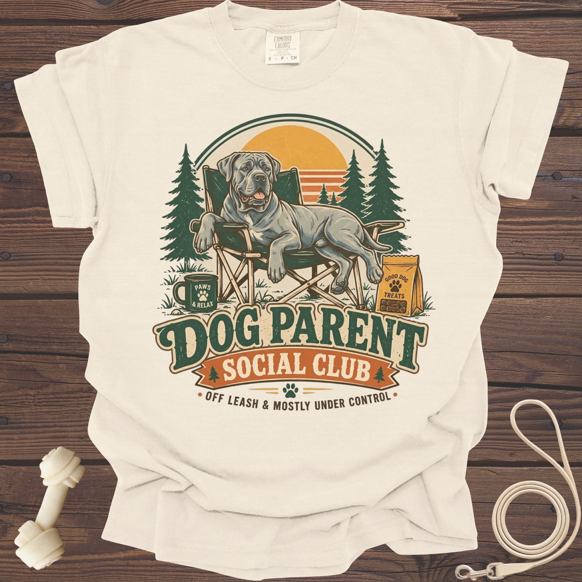 Dog Parent Social Club t-shirt with dog lounging in a chair.