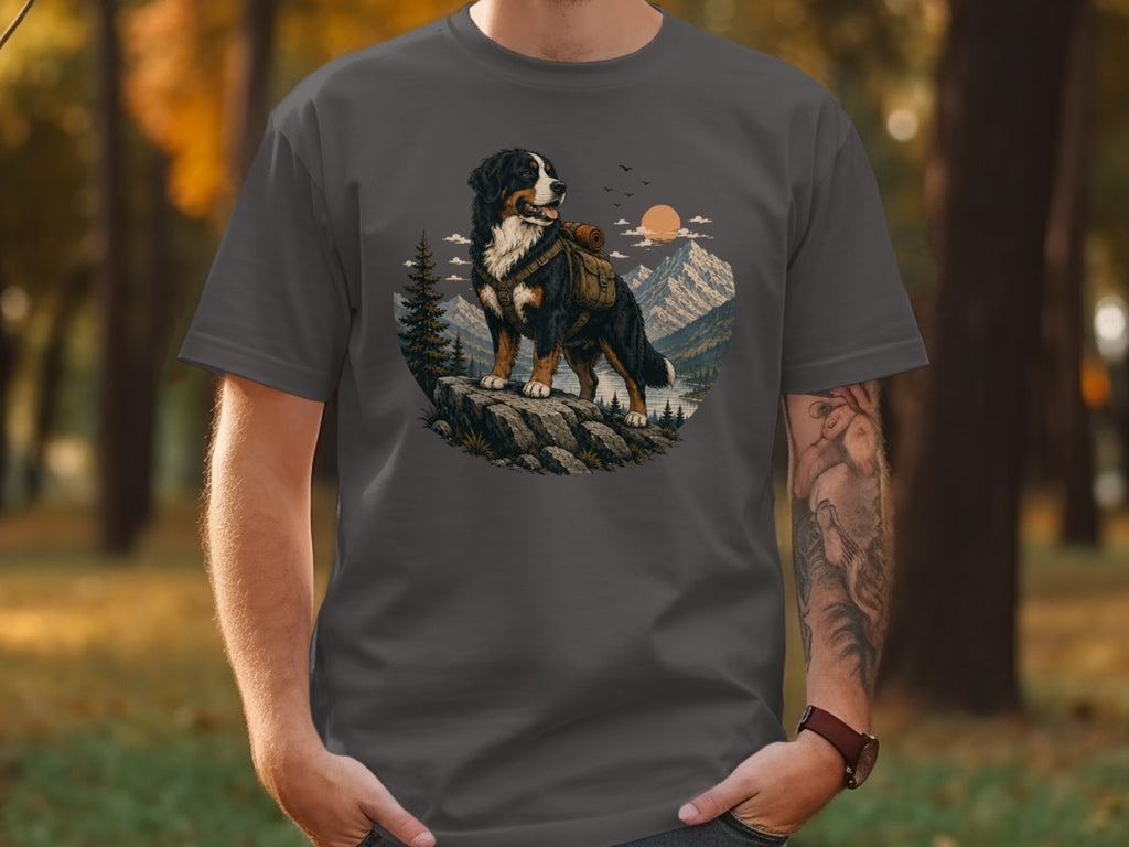 Bernese Mountain Dog wearing backpack on rocky outcrop with mountains and lake background