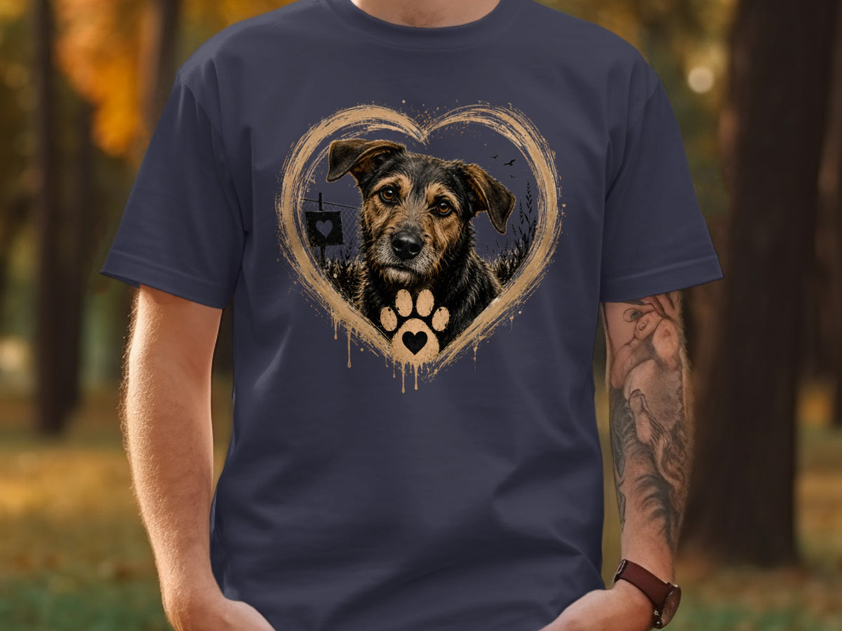 Dark blue t-shirt featuring a distressed heart outline with a dog inside and a paw print.