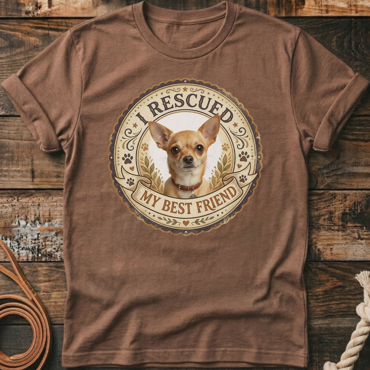 Brown t-shirt with a round graphic of a Chihuahua wearing a collar, text "I RESCUED" and "MY BEST FRIEND".