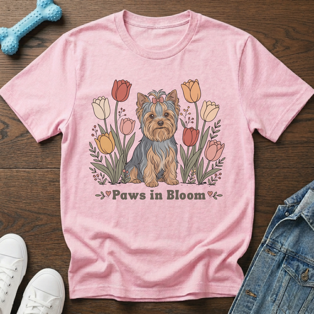 Pink t-shirt with a cartoon Yorkshire Terrier sitting among colorful tulips with the text "Paws in Bloom".